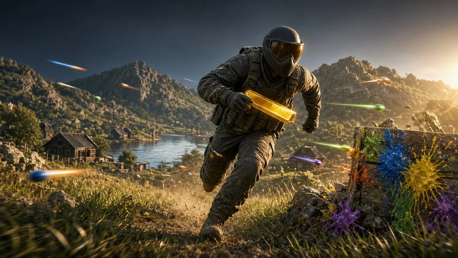 Paintball Fight key art: island with paint fights and gold