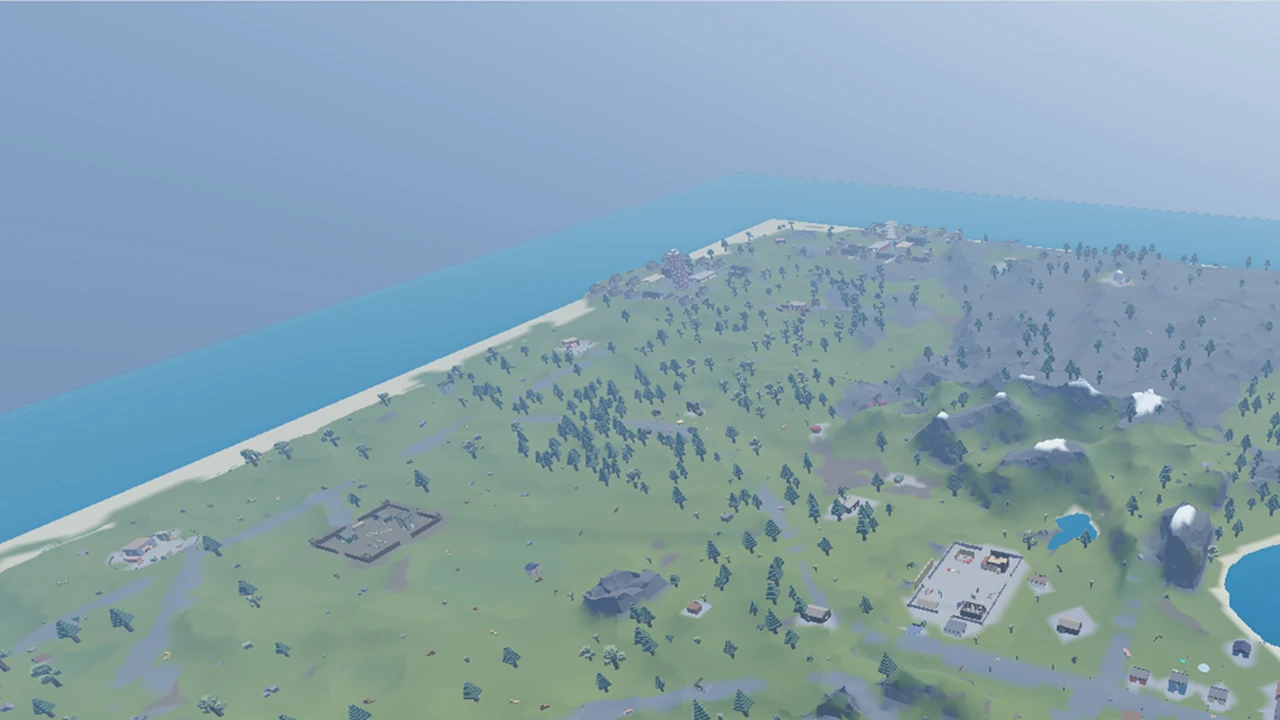 Aerial view of the Paintball Fight island with mountains, trees, a circular lake, and scattered bases