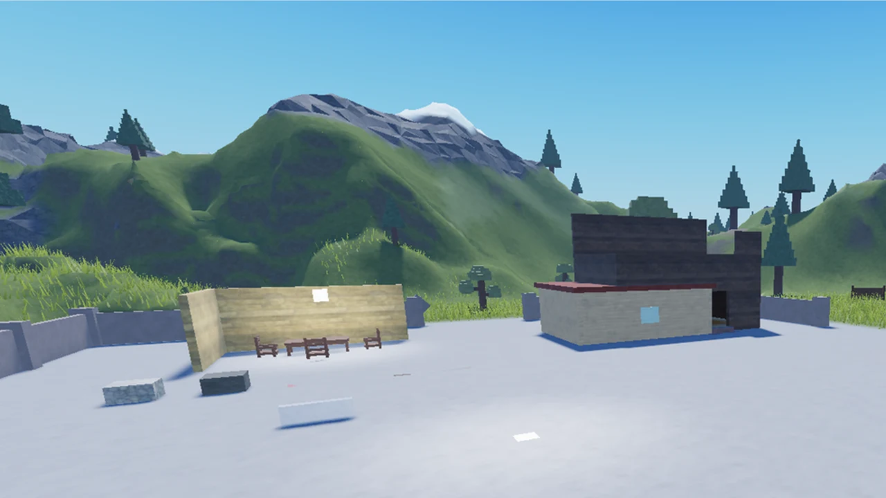 Courtyard with wooden props, scattered gear, and mountains beyond the walls